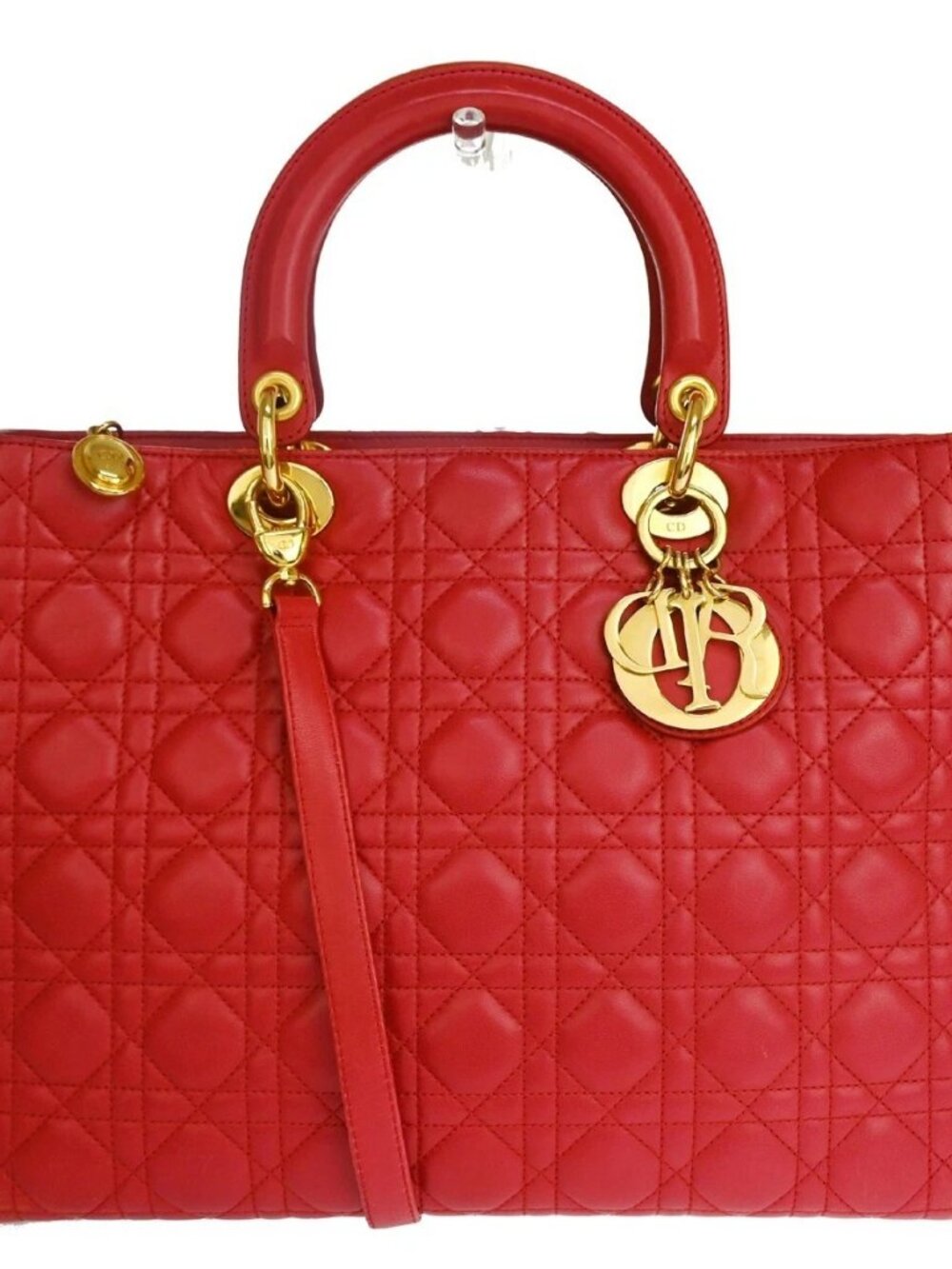 CHRISTIAN DIOR Lady Cannage 2Way Shoulder Hand Tote Bag Leather Red GHW 675RJ337